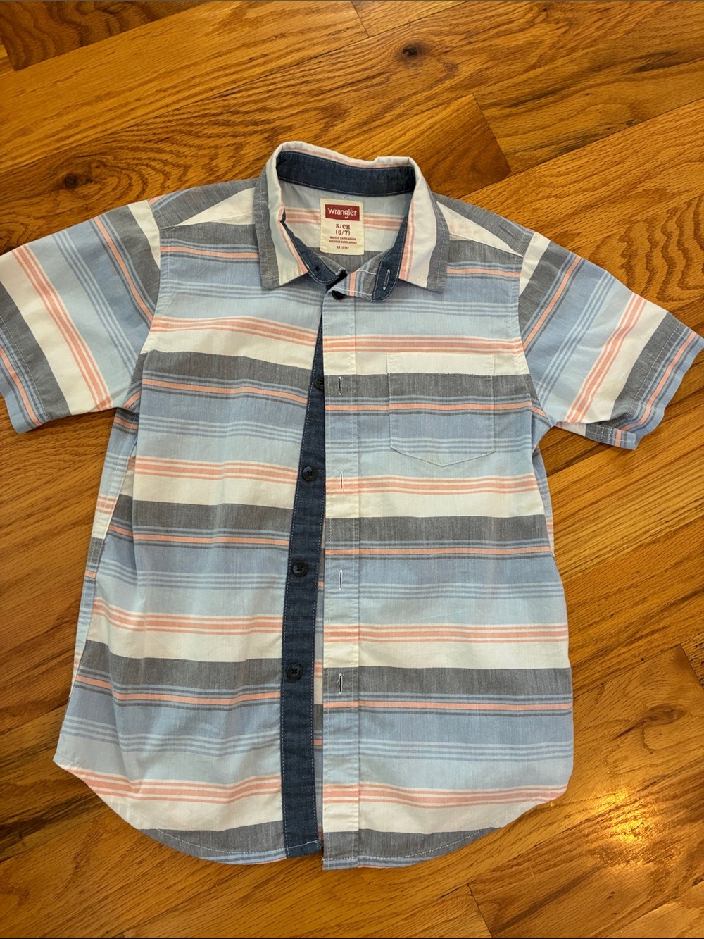 Wrangler Short Sleeve Striped Button-Up - Light Blue, Gray & Coral